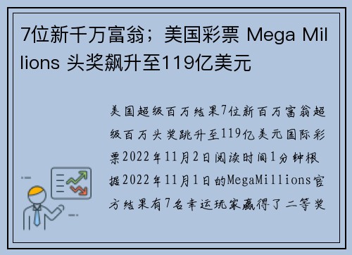 7位新千万富翁；美国彩票 Mega Millions 头奖飙升至119亿美元